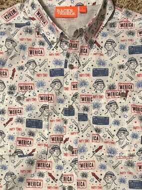 Racks & Reels Patriotic Print Short Sleeve Button Up Shirt White Blue Red Large